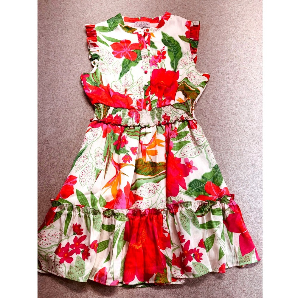 French Violet Boutique Floral‎ Tropical Midi Dress S Smocked Waist Boho Summer